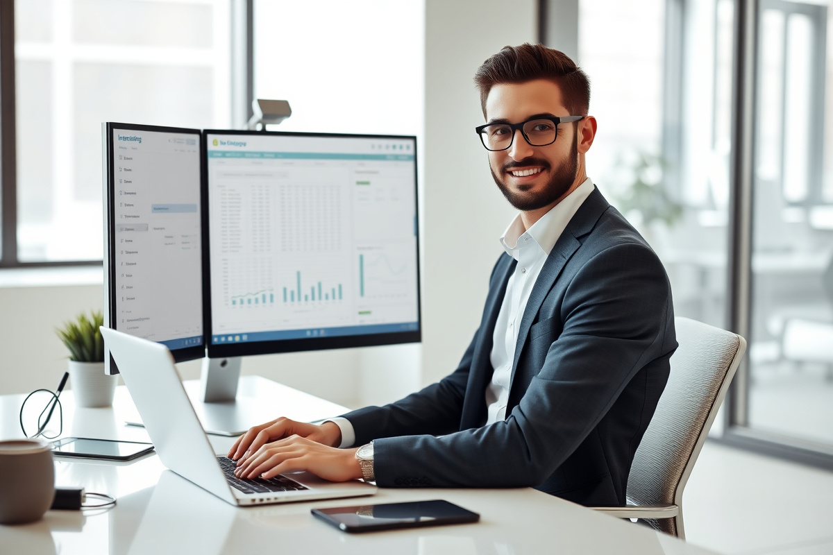 A SaaS insurance advisor working at a modern desk with a laptop and dashboard