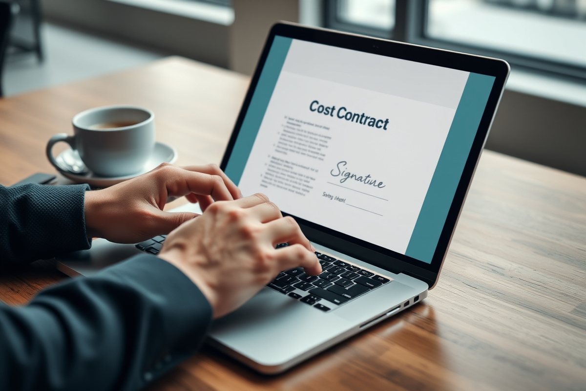 Hands typing on a laptop with a digital contract visible on screen
