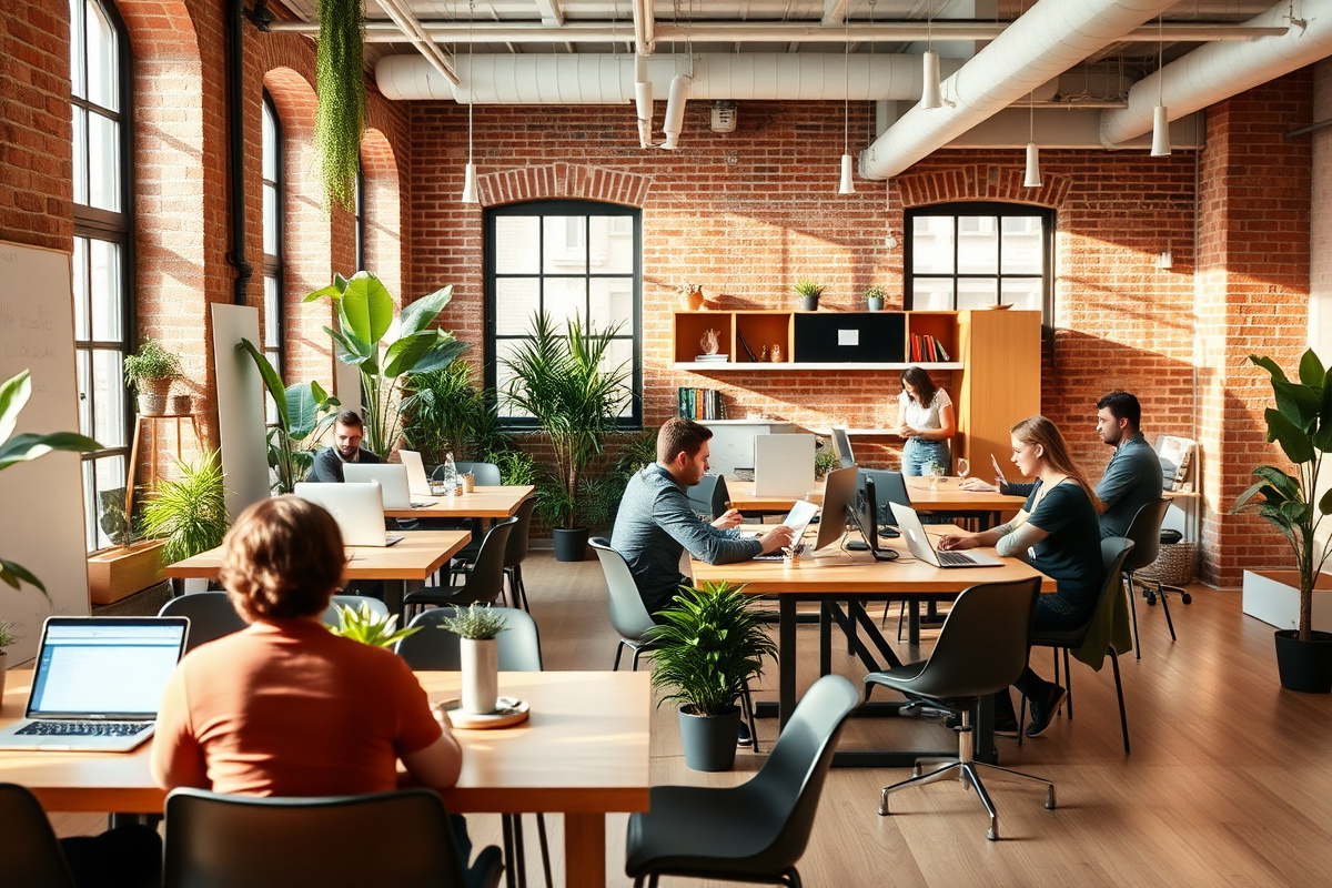 A bright modern coworking space with people working on laptops