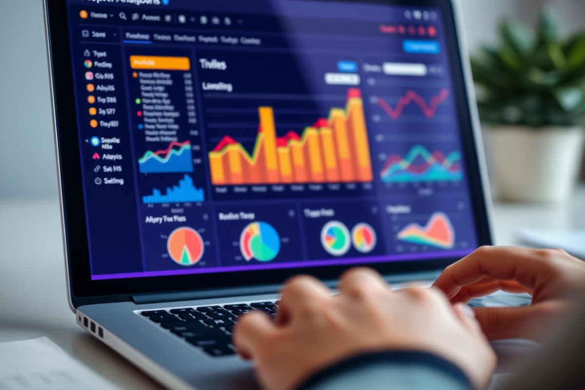 Close-up of a laptop screen showing a colorful software analytics dashboard
