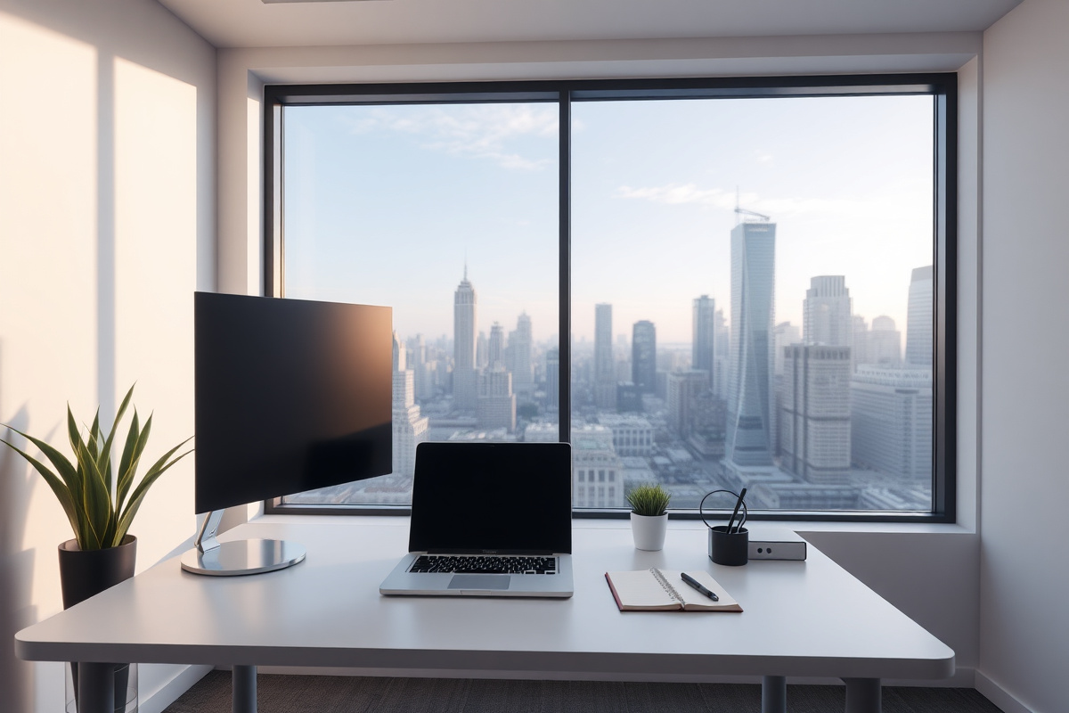 A clean, minimal modern software company workspace with a laptop and monitor
