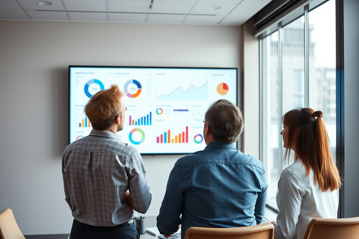 A team reviewing a product analytics dashboard on a large screen in a modern office meeting room