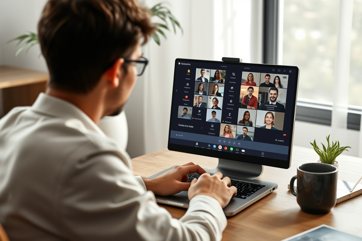 A person on a video call from a modern remote home office setup