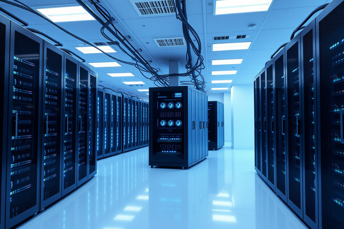 Modern minimalist server room with illuminated racks representing cloud infrastructure